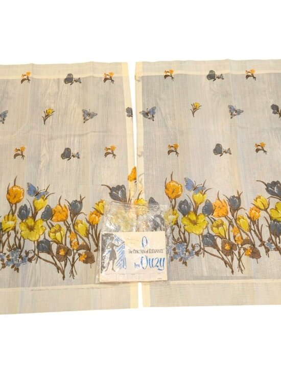 The Curtain Of Elegance By Suzy Other - Floral Butterfly MCM Sheer Curtains 2 Panels 36"x29" Yellow Blue Brown Retro NOS